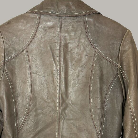 Tribal Leather Full Zip Collared Jacket Brown Women 8 Zip Pockets Leather Cuffed - Picture 9 of 11